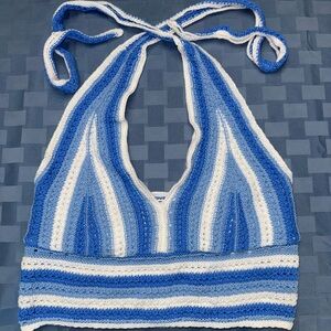 Hollister Blue and White Crochet Halter Top